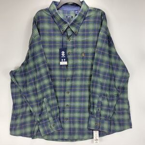 Izod Stratton Flannel Long Sleeve Button Front Shirt Mens 4XB Big Green Blue